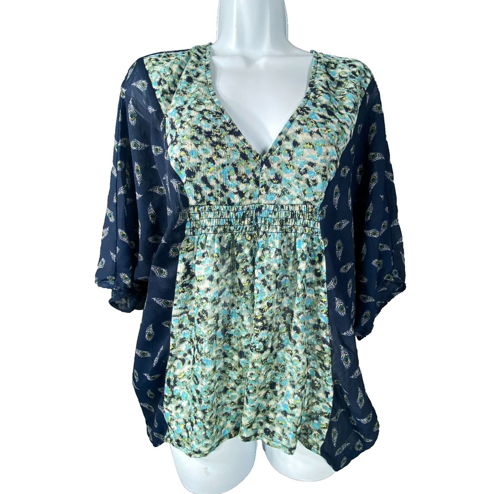 Black Poppy Blouse Womens Large Blue Floral Boho‎ Flowy Top Bat Wing Colorblock